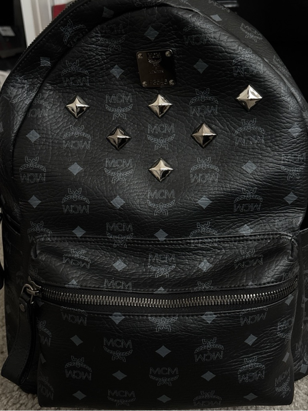 MCM Black Leather Studded Logo Backpack